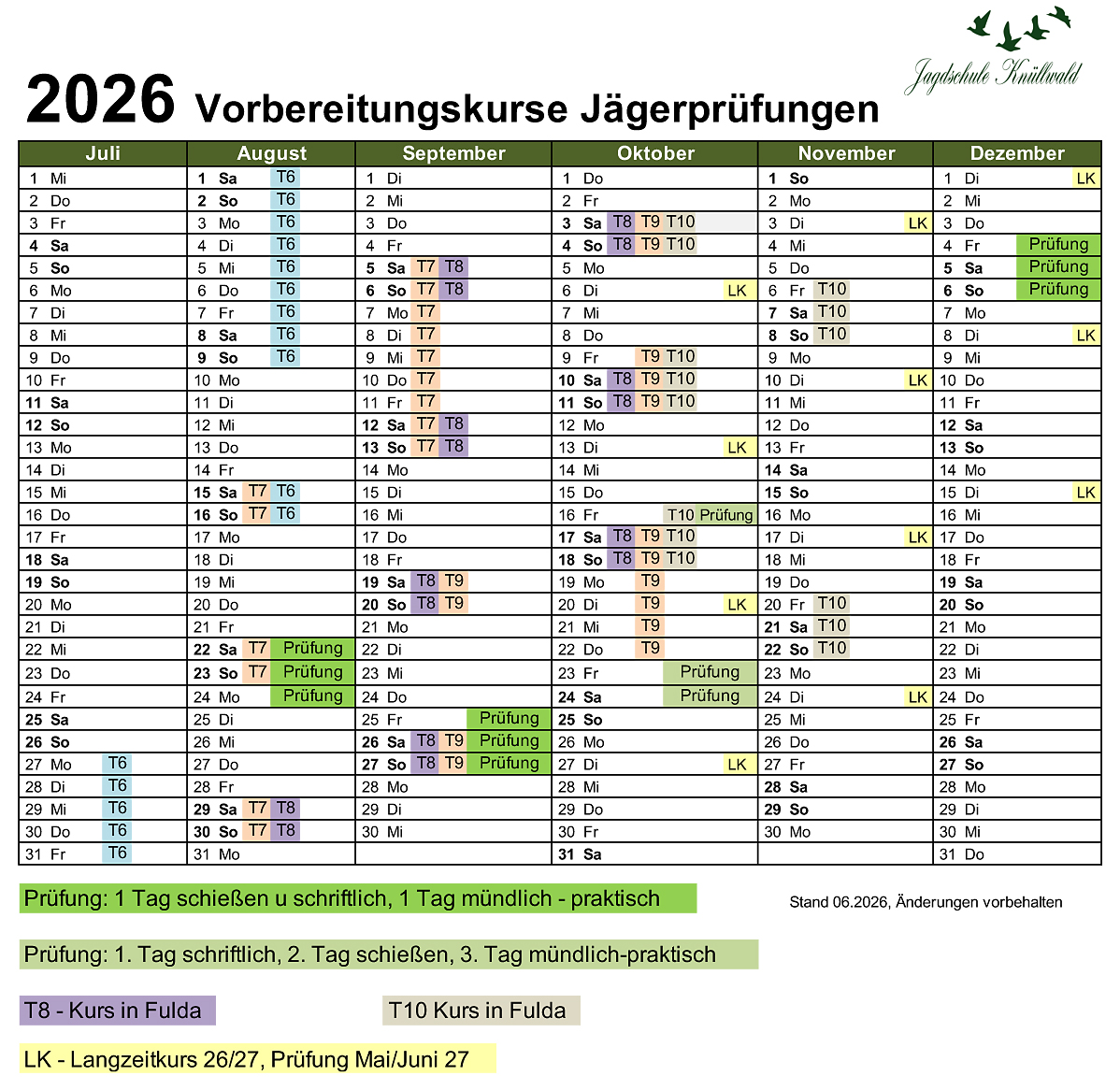 Jahreskalender 2026 - zweites Halbjahr